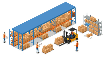 Isometric warehouse scene with workers and forklift handling boxes