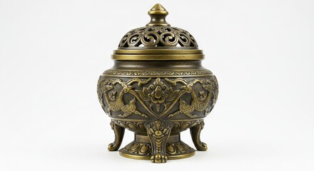 Detailed bronze incense burner with dragon motifs ornate lid and tripod base on a white backdrop