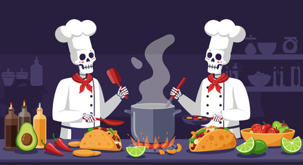 A vibrant flat design illustration of two cheerful skeleton chefs preparing an array of delicious Mexican dishes, symbolizing culinary joy and celebration.