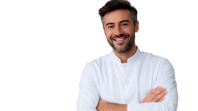 Cheerful Chef: A culinary professional, his arms crossed confidently, offering a warm, welcoming smile, radiating the charm of a skilled culinary artist and friendly hospitality.