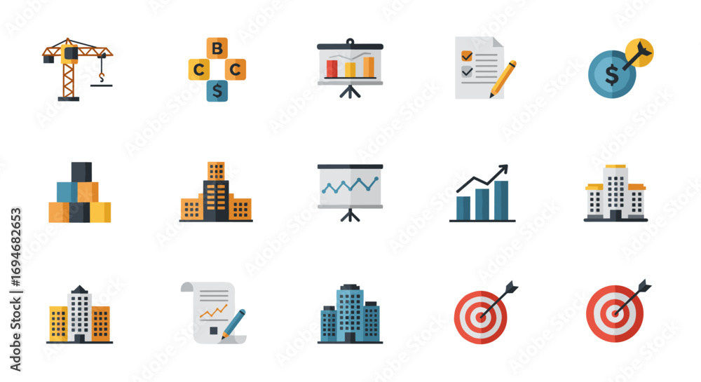 Aufkleber construction and business icons set in flat style with graphs and targets