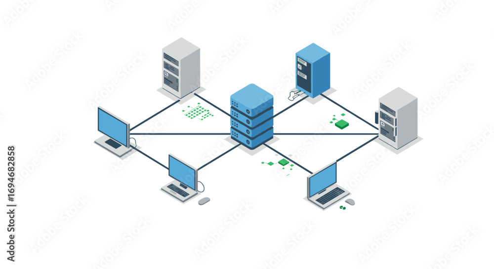 Poster isometric network illustration of server and computer connections on white background