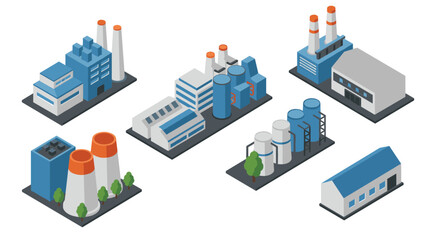 Obraz premium Isometric industrial factory icons in blue and white: chimneys, storage tanks, and warehouses