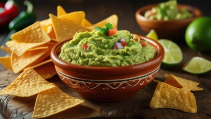 A bowl of guacamole with tortilla chips