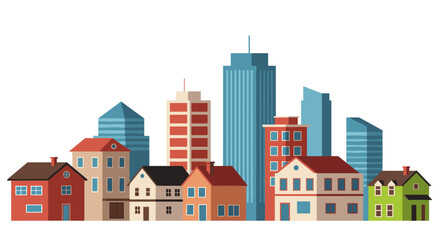 Obraz premium Colorful urban skyline with houses and skyscrapers on a white background