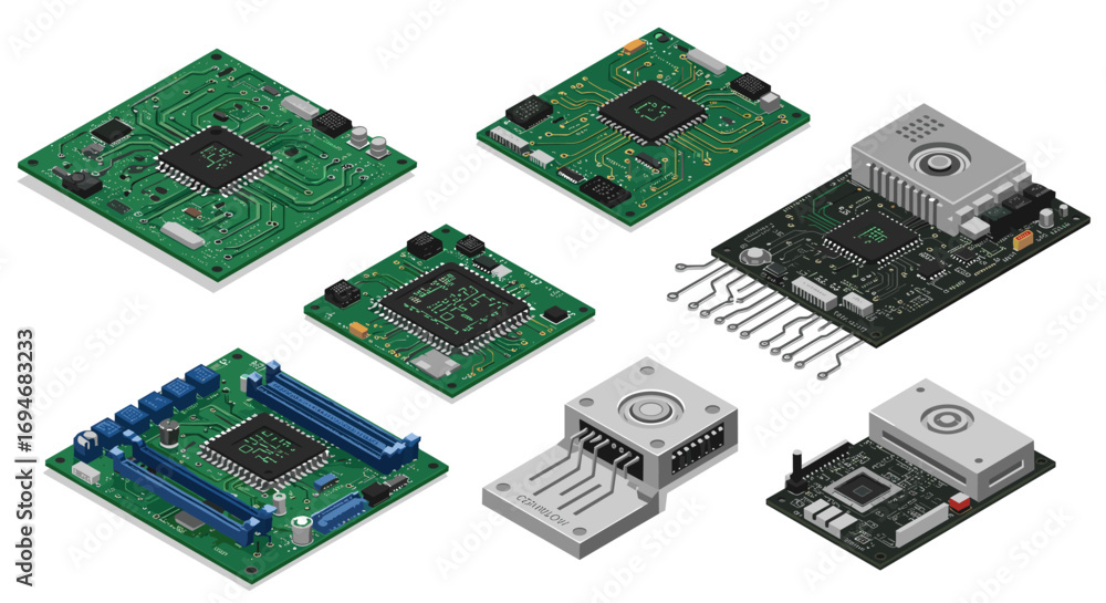 Poster isometric circuit board set featuring advanced technology and microchip designs