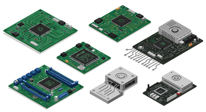 Isometric circuit board set featuring advanced technology and microchip designs - Powered by Adobe