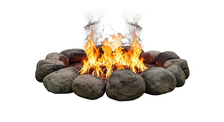 Fire roars within a ring of large smooth gray stones smoke billowing upwards