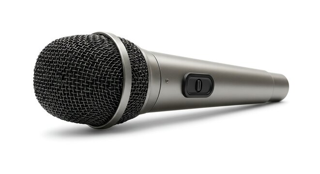 Gray microphone with a black mesh head and a rectangular button on its handle
