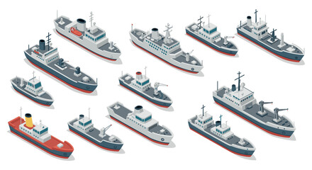 Isometric ships collection featuring various maritime vessels in gray and red tones