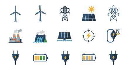 Renewable energy icons: wind turbines, solar panels, and power generation