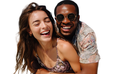 Radiant Couple in Sunshine: Capture a moment of pure bliss as a joyful couple, bathed in the warmth of sunlight, share a hearty laugh.