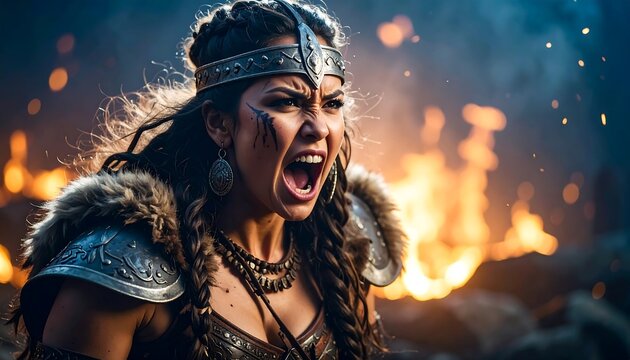 Fierce Viking warrior woman screams in battle amidst fire and smoke
