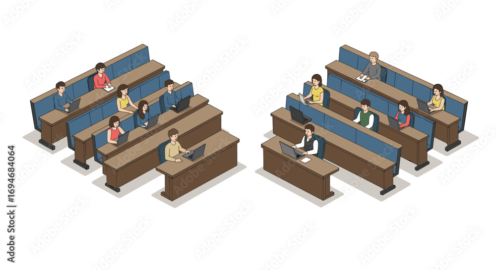 Poster isometric classroom scene with students using laptops in lecture hall