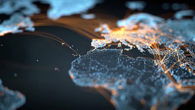 Global Connectivity: A breathtaking visualization illuminates a complex network of interconnected routes and lines woven across the globe, signifying the intricate connections of modern life. 