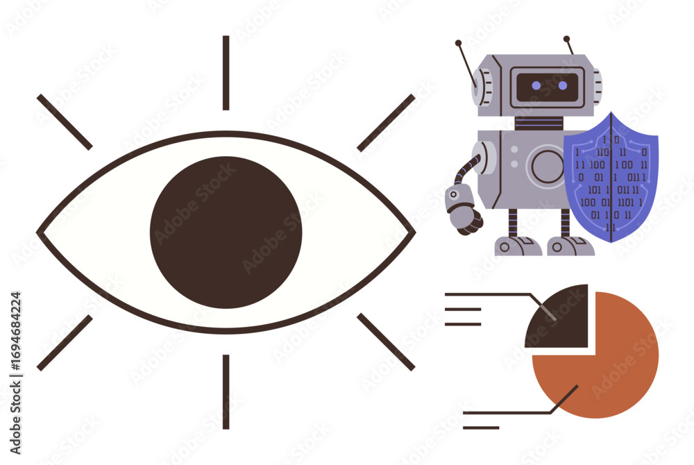 Poster eye with emphasis lines, robot holding binary shield, and data pie chart segments. ideal for ai, cyb