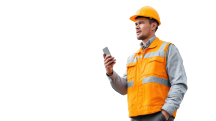 Construction Worker with Smartphone: A construction worker, clad in a safety vest and hard hat, engrossed in his smartphone, embodies focus and precision in a realistic moment. 