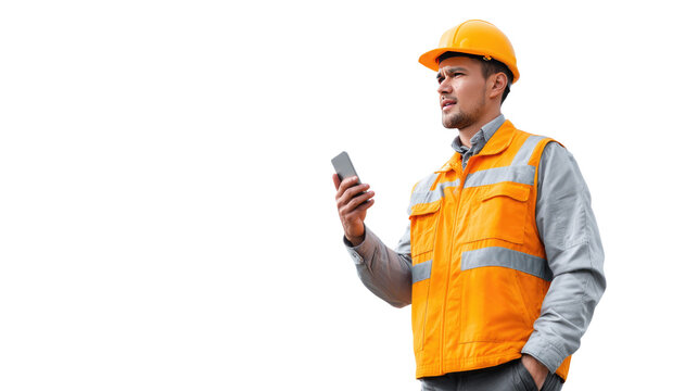 Construction Worker with Smartphone: A construction worker, clad in a safety vest and hard hat, engrossed in his smartphone, embodies focus and precision in a realistic moment.  - Powered by Adobe