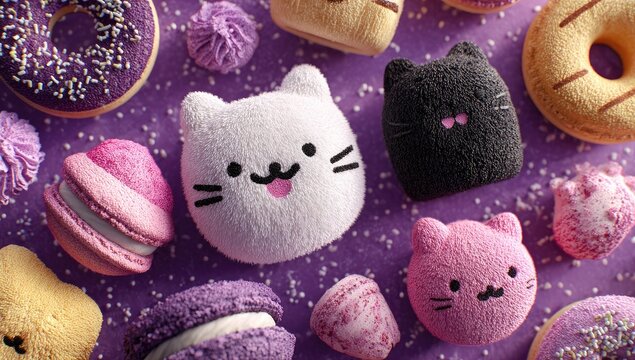 Cute cat-shaped treats & desserts on purple background