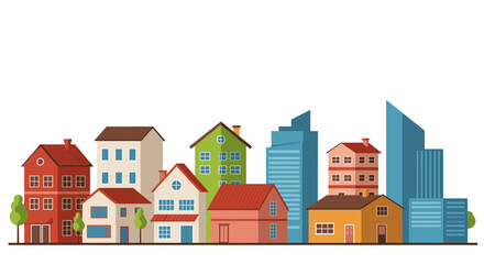 Fototapeta premium Colorful urban skyline with diverse architecture and modern buildings in flat design