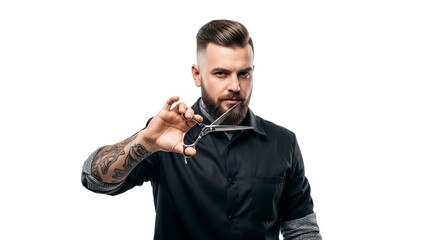 Bearded man with a stylish haircut holds silver scissors against a white background