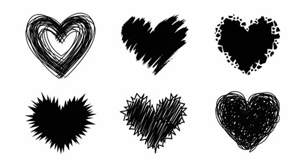 Set of doodle heart shapes with rough hand drawn style for love symbols, romantic design, and abstract art decoration.