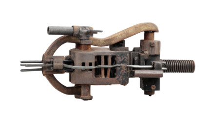 Mechanized marvel: A detailed industrial equipment component isolated against an uncluttered backdrop, showcasing a complex network of gears, levers, and mechanical parts.