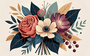 Beautiful arrangement of colorful flowers and leaves, evoking natural beauty and romance.