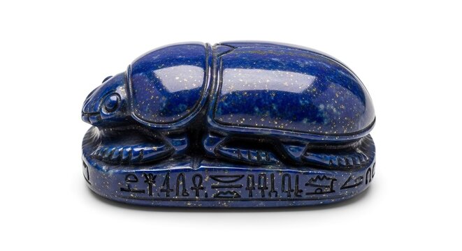 Glossy lapis lazuli Egyptian scarab beetle figurine with hieroglyphs on the base isolated on a white background