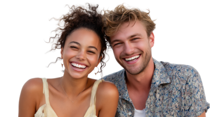 Joyful Duo Smiling : A radiant young couple, each with a captivating smile, share a moment of pure happiness. Their infectious joy captures the essence of connection and carefree days.