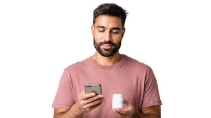 Wellness Check: A focused individual engages with a smartphone and medication, symbolizing health, communication, and self-care, in a modern context.