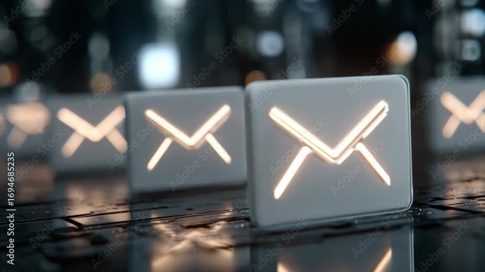 Poster digital mail: a captivating visual of illuminated mail icons on a futuristic surface, showcasing the
