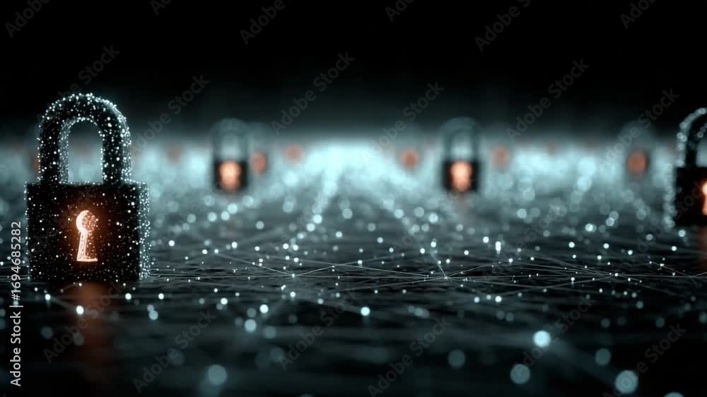 Poster digital security: a visual representation of digital security, featuring a row of padlocks with illu