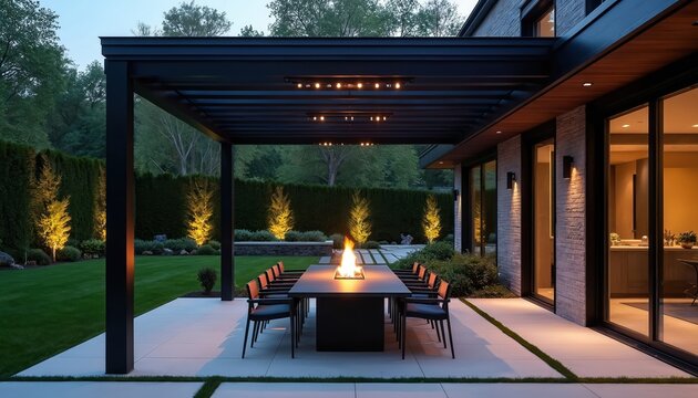 Modern outdoor dining area with firepit in serene garden. Stylish furniture, ample seating, relaxing green plants, tranquil ambiance. Contemporary structure, illuminated decor, inviting landscaping