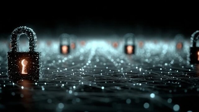 Digital Security: A visual representation of digital security, featuring a row of padlocks with illuminated keyholes against a backdrop of interconnected digital networks.