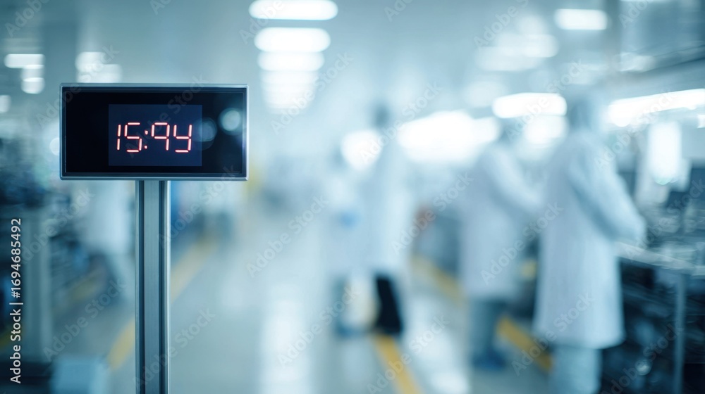 Poster focused medium shot of a particle count monitor screen indicating limit thresholds blurred silhouett