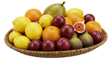 A wicker basket is filled with lemons oranges plums figs and a pear