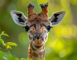 Close-up of a giraffe calf peeking through foliage