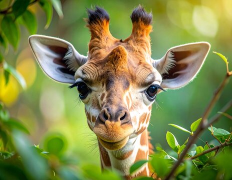 Close-up of a giraffe calf peeking through foliage