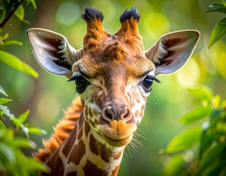 Close-up of a giraffe calf peeking through foliage