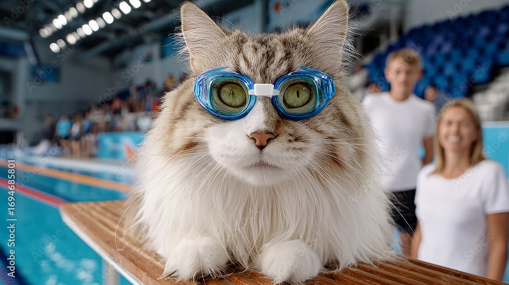 Aufkleber a cat wearing goggles is sitting on a pool deck. the cat is wearing a pair of goggles and he is enjo