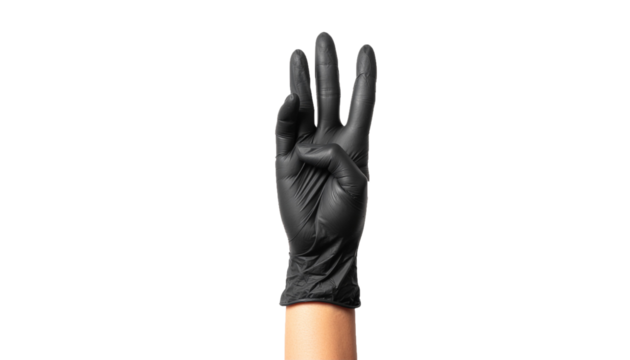 Close-Up of Human Hand in Black Protective Nitrile Glove Holding Four Fingers Upright