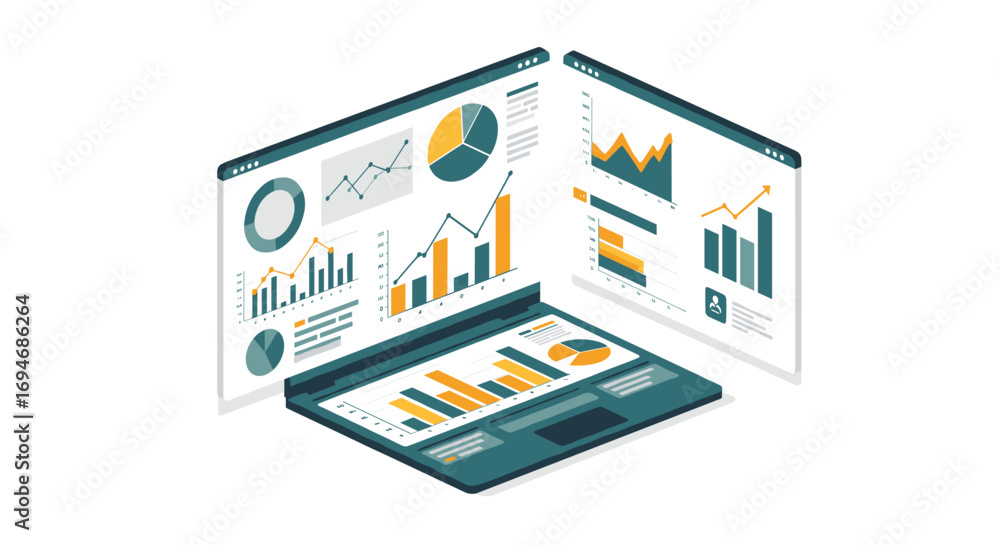 Poster isometric digital dashboard with analytical charts and graphs for data visualization