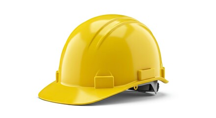 A yellow shiny construction helmet with a hard shell and a visible shadow sits on a white surface