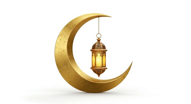 Golden crescent moon suspends an ornate lantern creating a celebratory religious image