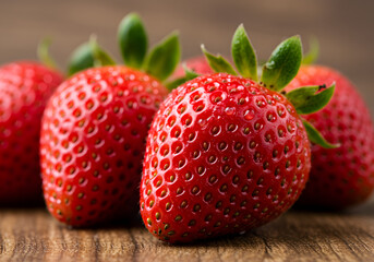 Closeup of fresh strawberries on a wooden table, shallow depth of field