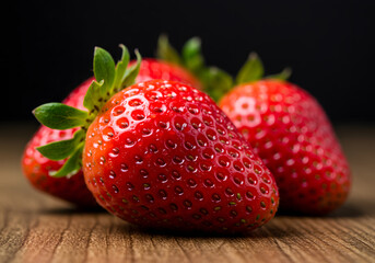 Close up of fresh strawberries on a wooden surface with dark background