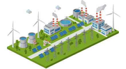Isometric renewable and industrial energy landscape with wind turbines and solar panels