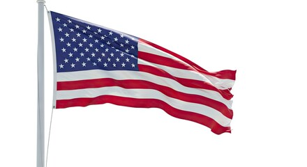 An American flag waves proudly from a flagpole set against a bright white background