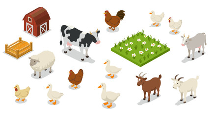 Isometric farm animals set with barn and grass patch